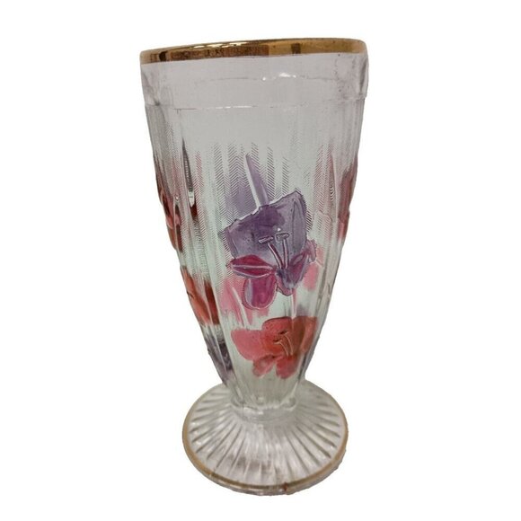 Vintage Carnival Glass Clear Pink Floral Footed Flower Vase Mid Century Modern - Picture 1 of 8
